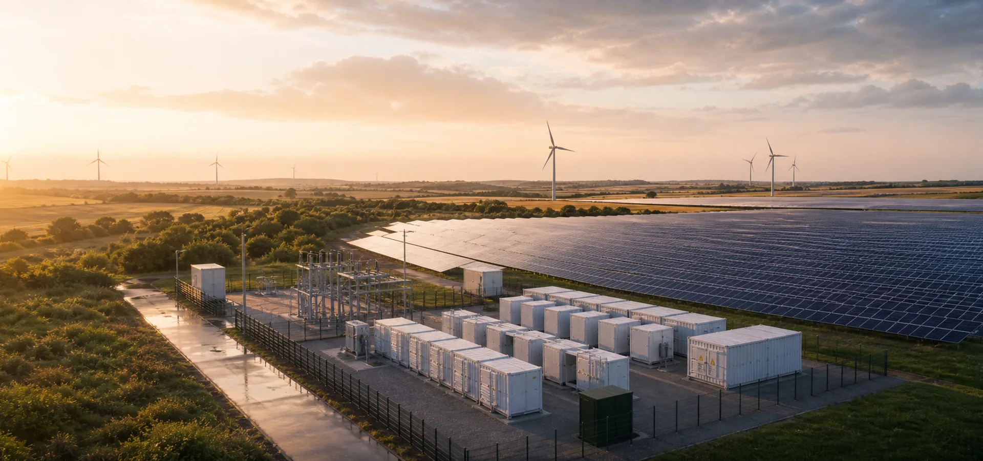 European solar and battery energy storage project at golden hour
